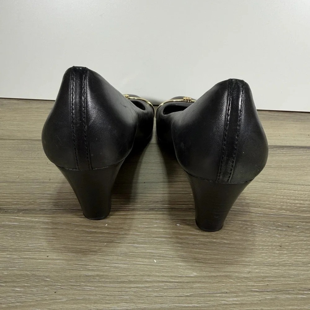 Tory Burch Pacey Women's Black Leather Cap Toe Wedge Pumps Size 9M